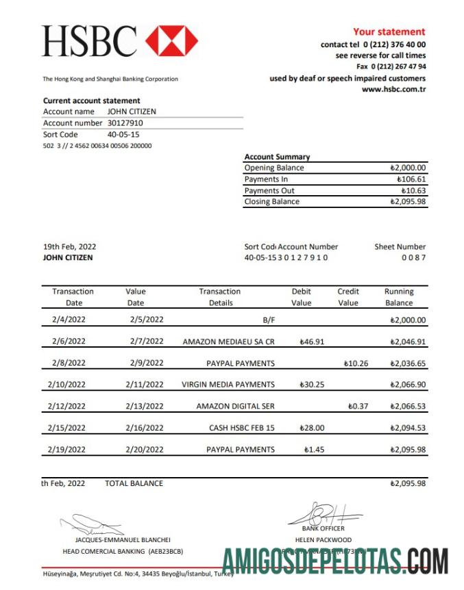 Exemplo de extrato bancário HSBC da Turquia Xls